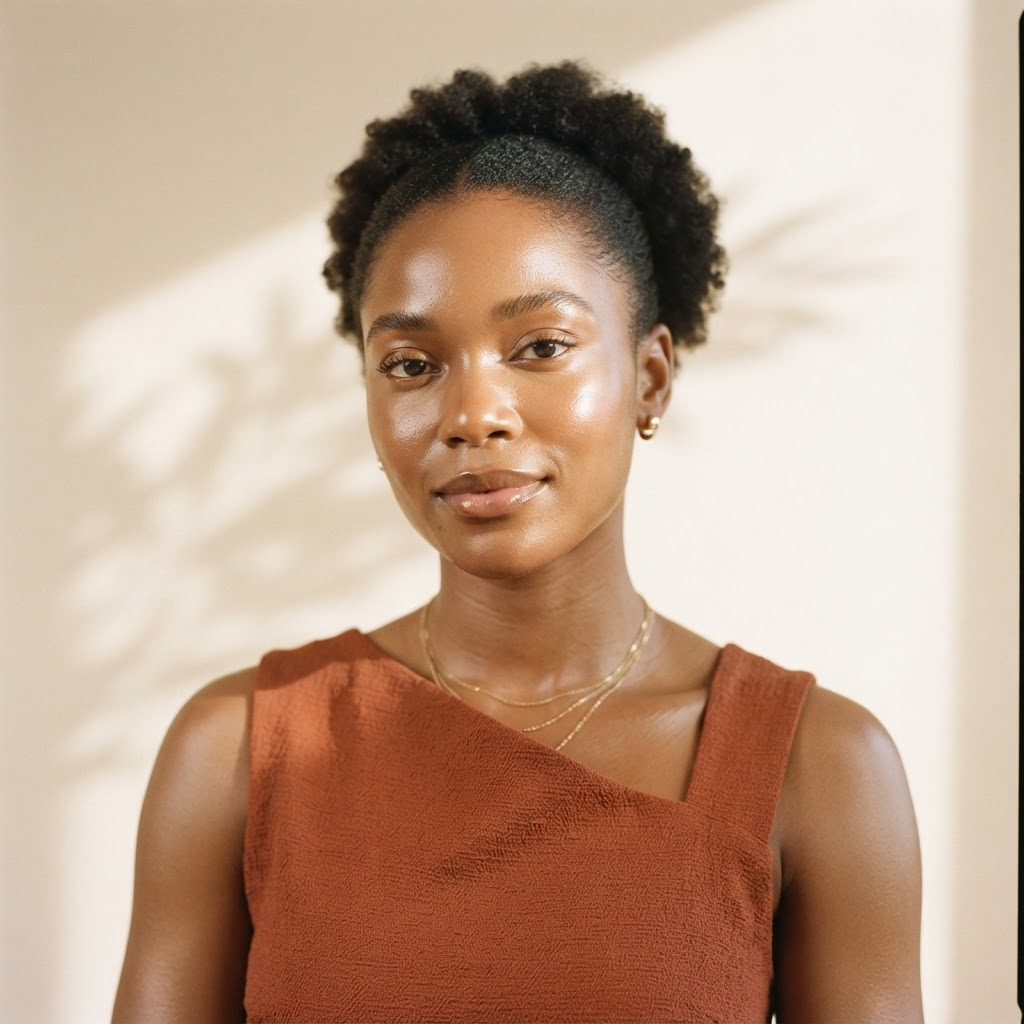 Woman with luminous natural skin wearing a terracotta top